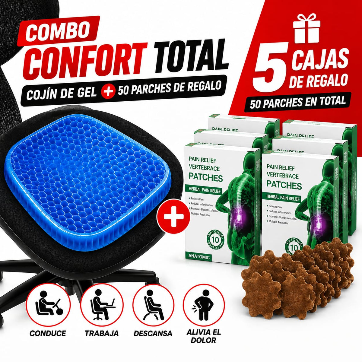 💥 Compra tu cojín de gel y recibe 5 cajas de parches totalmente GRATIS.