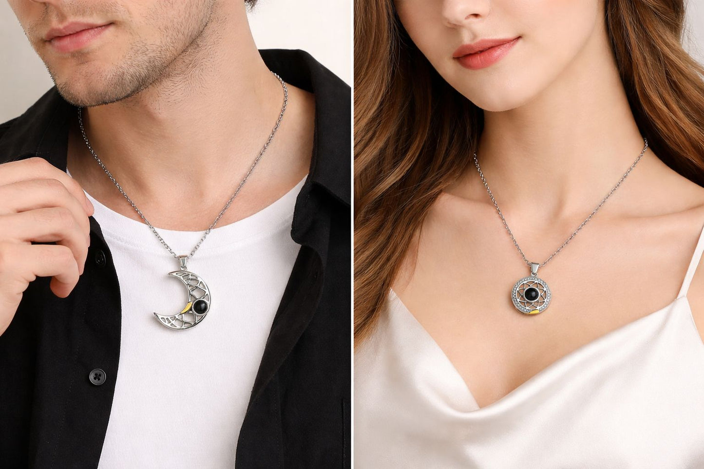 💞 Collar Unisex Magnético Sol y Luna 2x1 Proyección “Te Amo” en 100 Idiomas 💞
