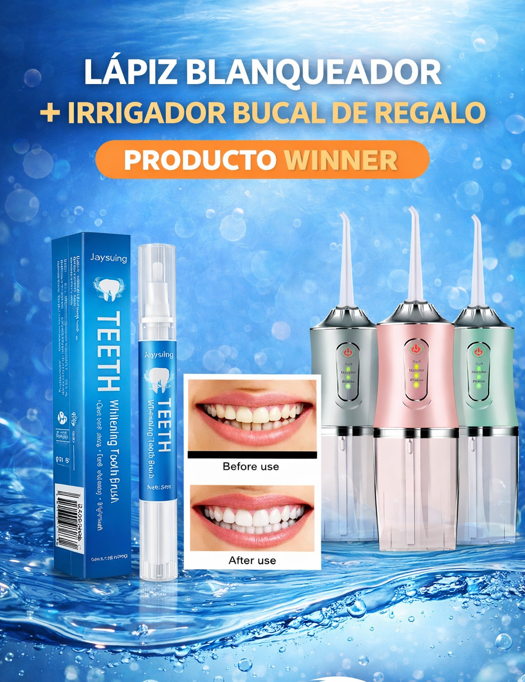 LÁPIZ BLANQUEADOR DENTAL + IRRIGADOR BUCAL PORTÁTIL DE REGALO 🎁